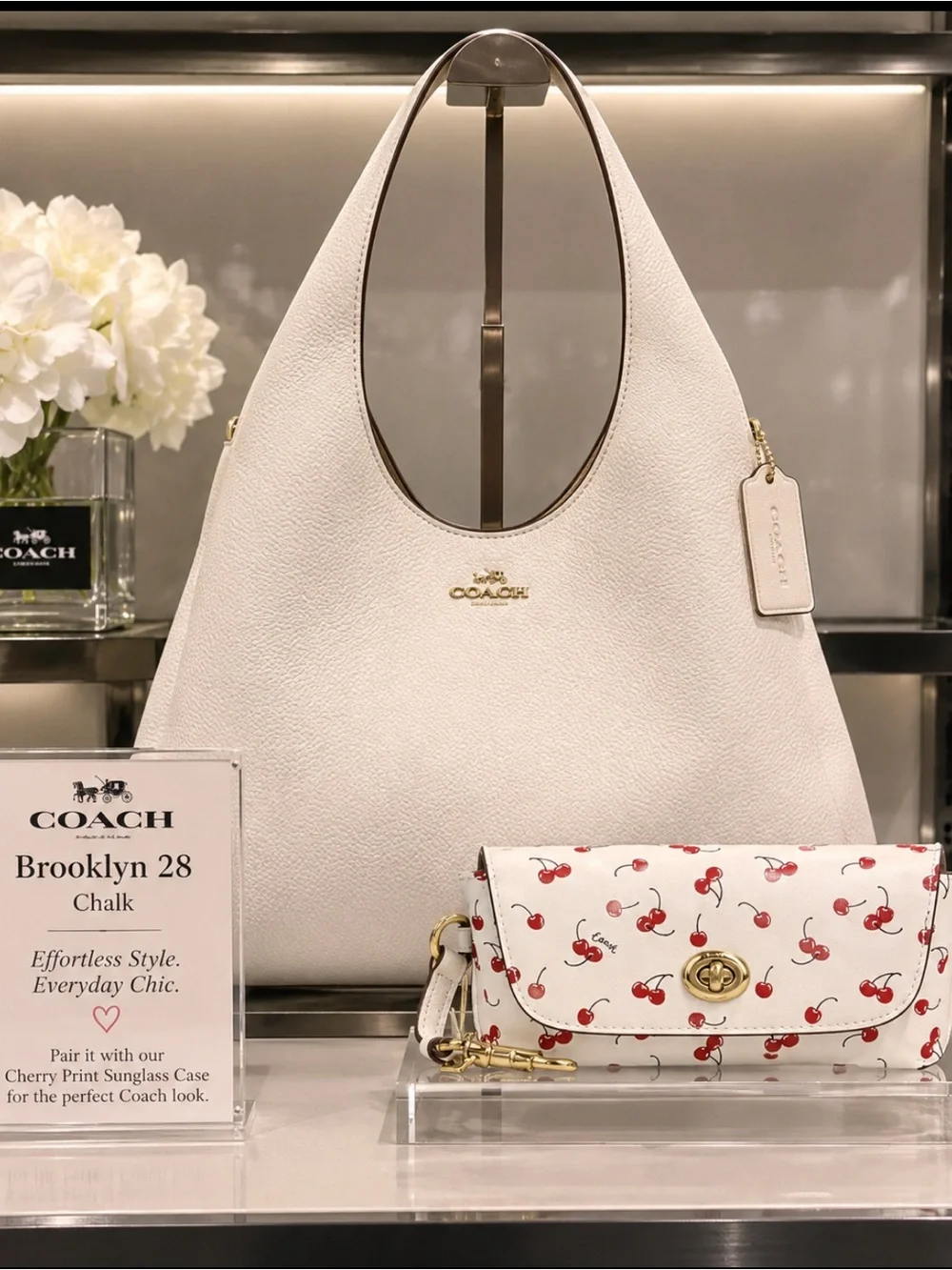 Coach White Cherry Print Sunglass Case with Gold Hardware